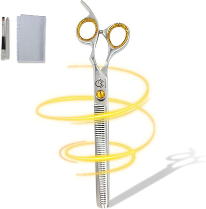 8.5'' Professional Thinning Grooming Scissors for Cats and Dogs, 50-Tooth Blending Shears, Sharp J2 Stainless Steel Blades with Safety Round Tip, Yellow Jeweled Screw, Silver Includes Cleaning Brush.