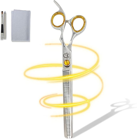 8.5'' Professional Thinning Grooming Scissors for Cats and Dogs, 50-Tooth Blending Shears, Sharp J2 Stainless Steel Blades with Safety Round Tip, Yellow Jeweled Screw, Silver Includes Cleaning Brush.
