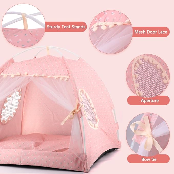 pawstrip Dog Tent Indoor Cat House Pink Puppy Bed Portable Pet Teepe Princess Dog Camping Tent Outdoor Kitten Houses Cute Bunny Nest Girl Kitty Cave (S, Light Pink)
