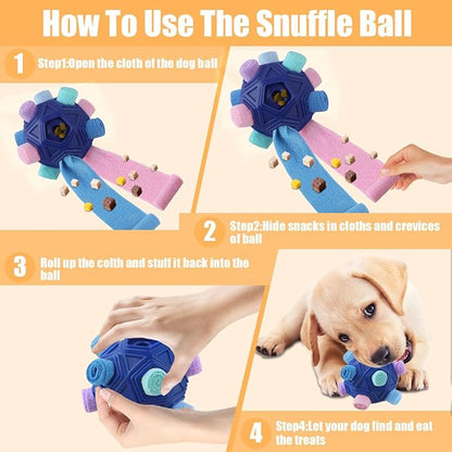 Dog Snuffle Ball-Interactive Puzzle Dog Toys Encourage Natural Foraging Skills Slow Feeder for Training and Stress Relief, Cloth Strip Hiding Food Chew Toys for Any Size Dogs with Squeaky Carrot
