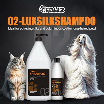 OPAWZ 02 LuxSilk Dog Shampoo, 2- in-1 Dog Shampoo and Conditioner, Reduces Shedding, Dematting, Deshedding, Removes Undercoat, for Long Haired, Silky Coat Dogs and Cats, 16.9 fl.oz/ 500ml