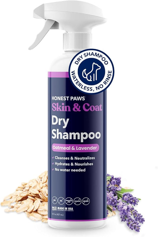 Honest Paws Dog Dry Shampoo - Waterless No Rinse Spray Formula Reducing Itch Cleanse Hydrate Nourish Dry Skin and Smelly Coat Help Decrease Odor Shedding and Allergies - Oatmeal & Lavender - 16 oz