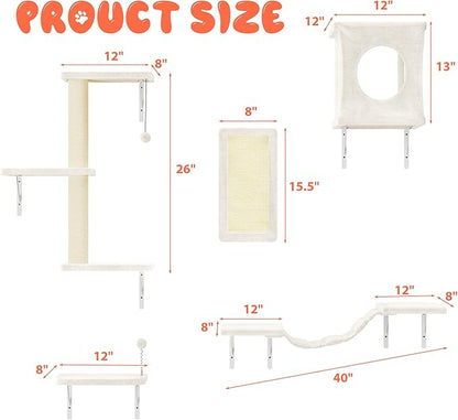 NUNU LAB Cat Wall Shelves Set, 5 Pcs Wall-Mounted Cat Climber with Condo House, Bridge Ladder, Scratching Post, Indoor Cat Furniture Set, Beige