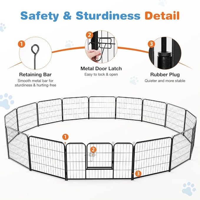 Dog Playpen, 16 Panel 24 Height Puppy Fence Exercise Pen for Yard Gate, Indoor Outdoor Heavy Duty Anti-Rust Metal Playpens with Doors Portable for RV Camping - Small/Medium/Large Pets