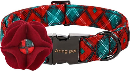 ARING PET Christmas Dog Collar-Fancy Dog Collar with Felt Flowers, Cotton Christmas Plaid Dog Collars Pet Collars with Metal Buckle