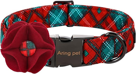ARING PET Christmas Dog Collar-Fancy Dog Collar with Felt Flowers, Cotton Christmas Plaid Dog Collars Pet Collars with Metal Buckle