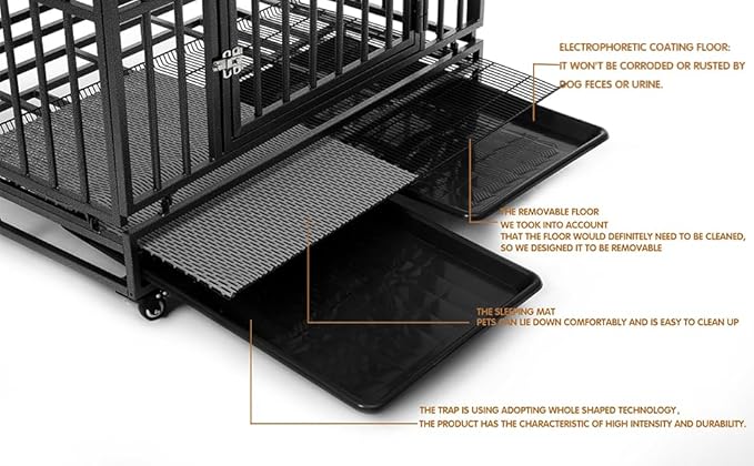 Heavy Duty Extra Large Dog Crate with Wheels - Indestructible 42/46 Inch Chew-Proof, Escape-Proof Kennel for High-Anxiety and Extra Large Dogs