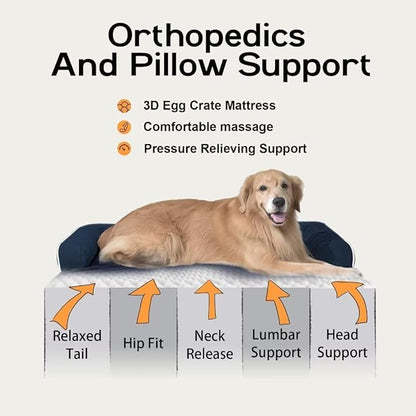 Orthopedic Large Dog Bed Washable: Orthopedic Dog beds for Large XXXLarge Size Dogs, Waterproof Washable Cover with Egg Foam Removable Bolster, Navy Blue Pet Beds for Large Dogs