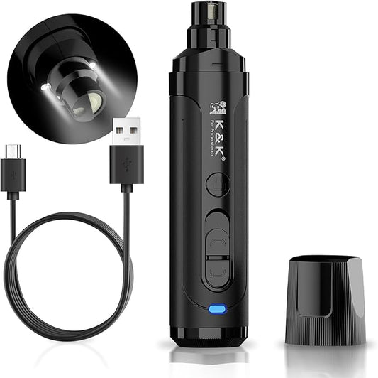 K&K Dog Nail Grinder with 2 LED Light for Large Medium Small Dogs Professional 2-Speed Powerful Electric pet Nail Clipper which Gentle and Painless Paws Grooming & Smoothing Tool (Black)