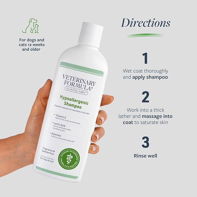Veterinary Formula Clinical Care Hypoallergenic Shampoo for Dogs and Cats, 16 oz  No Harsh Ingredients  Fragrance-Free Pet Shampoo for Allergies and Sensitive Skin, Promotes Healthy Skin and Coat