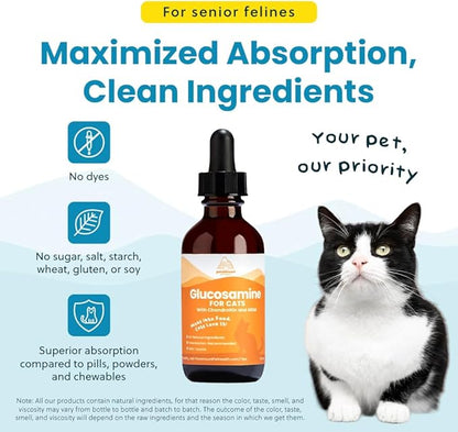 100% Natural Liquid Glucosamine Chondroitin with MSM for Cats, Hip & Joint Supplement for Senior Felines, Arthritis Support & Mobility Booster Glucosamine Drops, 2 Oz