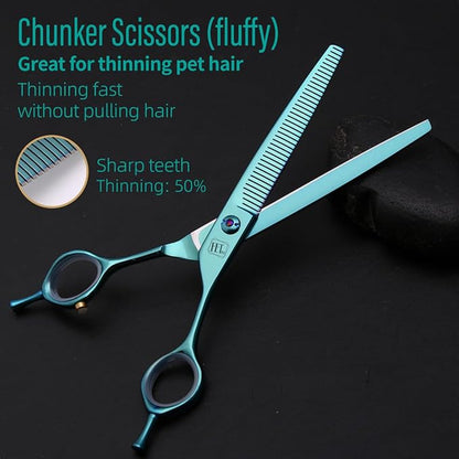 Dog Grooming Scissors: Blueish Green 7 inch Pet Blender Shears Made Of Japanese 440C Advanced Stainless Steel Professional Grooming Scissors for Dogs Cats and Other Pets