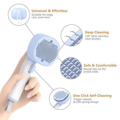 Quirk Multifunctional Cat Brush with Release Button, Hair Remover, Massager Negative Ion Pet Grooming, Blue, for Dogs and Cats