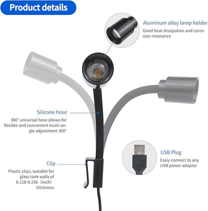 Mini Clip On Aquarium Light Small Dimmable Fish Tank Light USB Spotlight with Timer 3 Light Modes 10-Level Brightness for 1 to 3 Gallon Tanks (Adapter NOT Included)