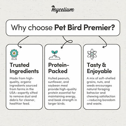 Mycelium Organic Pet Bird Premier Bird Seed (5 LBS) | Premium Food for Parrots, Cockatoos, & Large Birds | High-Protein, Vitamin-Fortified, Growth & Development Support | USA Made, Non-GMO