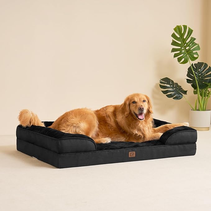 EHEYCIGA Orthopedic Dog Beds for Extra Large Dogs, Waterproof Memory Foam XXL Dog Bed with Sides, Non-Slip Bottom and Egg-Crate Foam Big Dog Couch Bed with Washable Removable Cover, Black