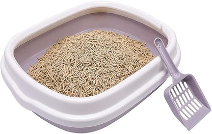 Cat Open Top Litter Box with Lid, Litter Mat, Poop Lifter Scoop & Kitten Kitty Stainless Steel Feeding Dish Bowl, Starter Kit 4 Pack for Small cat Within 5 Months (Grey-Four Entries)