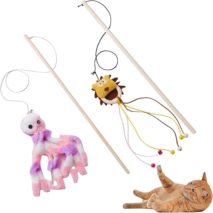 NOWFRESH Cat Wand Toy Set, 2 PCS Interactive Cat Teaser Wands with Cute Octopus & Lion Designs, Equipped with Bells and Streamers to Captivate Your Cat’s Attention