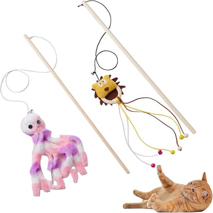 NOWFRESH Cat Wand Toy Set, 2 PCS Interactive Cat Teaser Wands with Cute Octopus & Lion Designs, Equipped with Bells and Streamers to Captivate Your Cat’s Attention