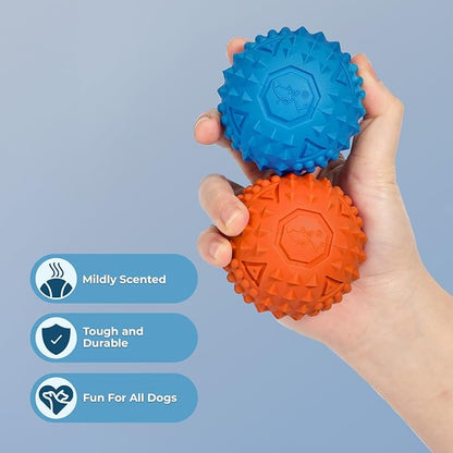 Best Pet Supplies Squeaky Rubber Spiky Ball Dog Toy Durable Non-Toxic Perfect for Aggressive Chewers Spiked for Dental Health Interactive Dog Toy - Pack of 2 - Blue, Orange (M:2.5")