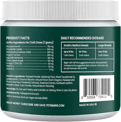 Advanced Hip & Joint Supplement for Dogs with Glucosamine and Chondroitin, for Dogs Glucosamine, Organic Turmeric, Egg Shell Membrane, Green Lipped Mussel, 90-Count, Bacon