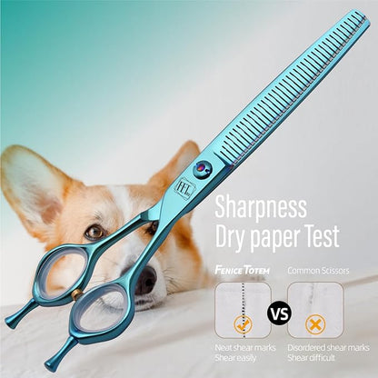 Dog Grooming Scissors: Blueish Green 7 inch Pet Blender Shears Made Of Japanese 440C Advanced Stainless Steel Professional Grooming Scissors for Dogs Cats and Other Pets