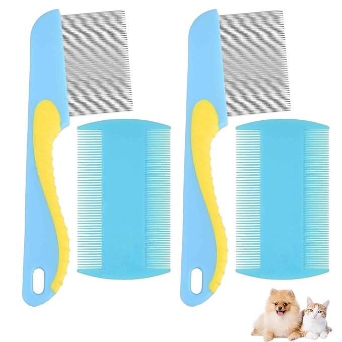 4 Pack Flea Lice Comb, Stainless Steel Dog Cat Grooming Combs with Rounded Teeth, 2-in-1 Double Sided Professional Pet Tear Stain Remover, Dematting Tool for Small, Medium & Large Pets