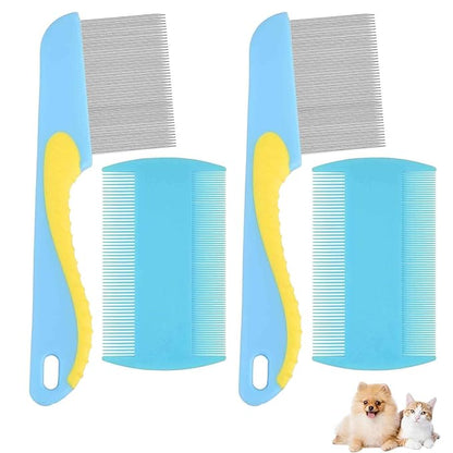 4 Pack Flea Lice Comb, Stainless Steel Dog Cat Grooming Combs with Rounded Teeth, 2-in-1 Double Sided Professional Pet Tear Stain Remover, Dematting Tool for Small, Medium & Large Pets