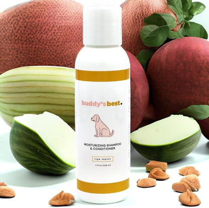 Buddy’s Best 4oz Travel-Size Dog Shampoo and Conditioner with Shea Butter, Oatmeal, Biotin, and Aloe Vera, Alcohol-Free Deep Moisturizer for Dry, Itchy Skin and Coats (Ripe Melon)