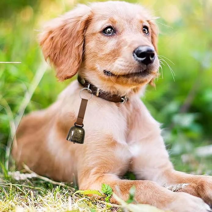 4 PCS Loud Bear Bells with Leather Button Strap Dog Collar Bell Pet Bells Tracker Noise Maker Anti-theft Bell Strap and Pet Anti- Lost Silver Pendant ID Tags for Pet Pendant Accessories Decorative