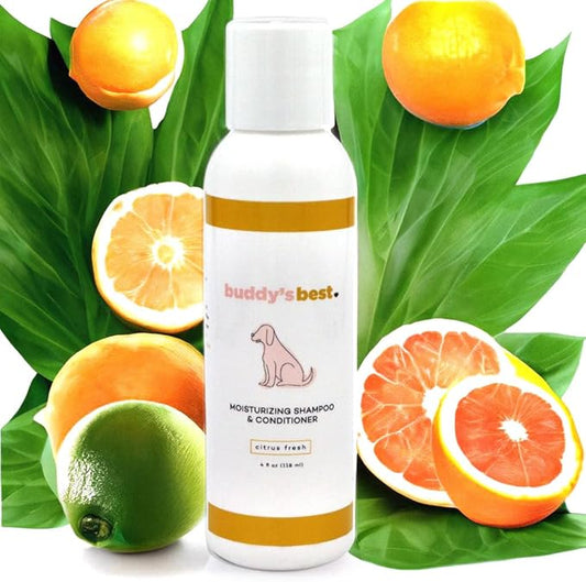 Buddy’s Best 4oz Travel-Size Dog Shampoo and Conditioner with Shea Butter, Oatmeal, Biotin, and Aloe Vera, Alcohol-Free Deep Moisturizer for Dry, Itchy Skin and Coats (Citrus Fresh)
