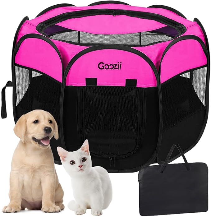 Portable Large Pet Cat Playpen for Indoor Outdoor Cats, Foldable Big Dog Playpen Tent Kennel Crate with Cover Enclosed for House Puppy Travel Camping (Large Size, Pink)