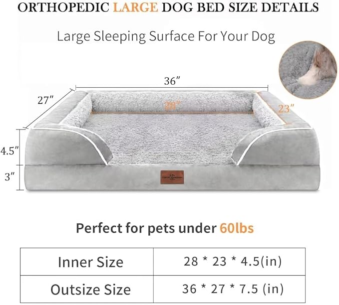 Orthopedic Memory Foam Dog Bed, Cooling Dog Bed, Waterproof Dog Beds for Large Dogs, Washable Dog Bed with Removable Cover,Pet Bed Dog Sofa with Bolster(Large,Light Grey)