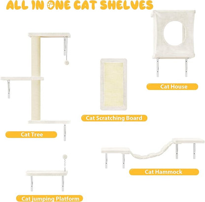 NUNU LAB Cat Wall Shelves, 10-in-1 Wall-Mounted Cat Furniture Set, Large Cat Climber Set with House, Bridge, Steps, Scratcher, DIY Playground, Shelves for Indoor Wall Furniture Set - Beige