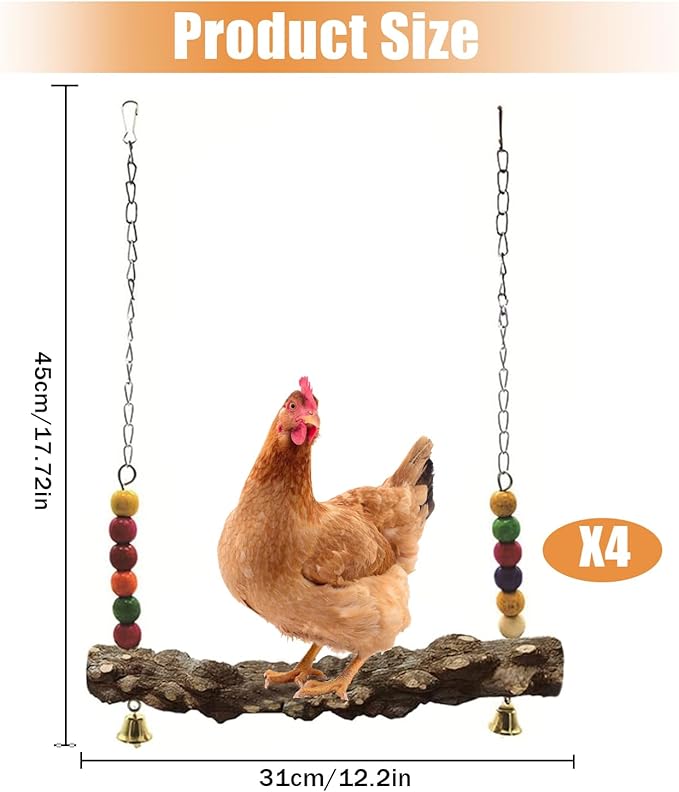 Chicken Bird Swing,Chicken Perch,Natural Wooden Swing Toys,Wood Stand for Chick,Safe and Relief of Stress,Chicken Coop Accessories,Coop Swing for Chicken Bird,Parrot,Hens (4pcs)