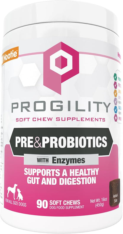Nootie Progility Pre & Probiotic Supplement, Digestive Aid Supplement for Dogs, 90 Soft Chews per Container