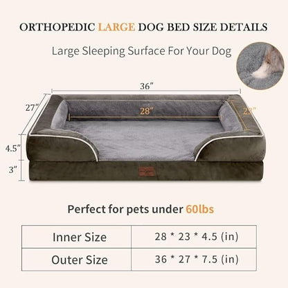 Orthopedic Memory Foam Dog Bed, Cooling Dog Bed for Large Dogs, Waterproof Dog Beds, Washable Dog Bed with Removable Cover,Pet Bed Dog Sofa with Bolster(Large,Olive Green)