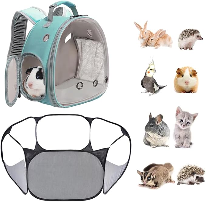 2-Pack Guinea Pig Carrier Backpack and Playpen Set - Breathable Pet Playpen Pop Open Outdoor/Indoor Exercise Fence, Portable Small Animal Backpack for Bearded Dragon, Rabbits, Hamster, Chinchillas