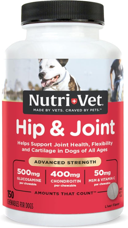 Nutri-Vet Advanced Strength Hip & Joint Chewable Dog Supplements - Formulated with Glucosamine & Chondroitin to Support Dog Cartilage & Mobility - 150 Tablets