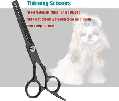Dog Grooming Scissors Kit 7 Inch Pet Grooming Scissors Chunkers Shears for Dogs, Cats and Other Animals (Black)