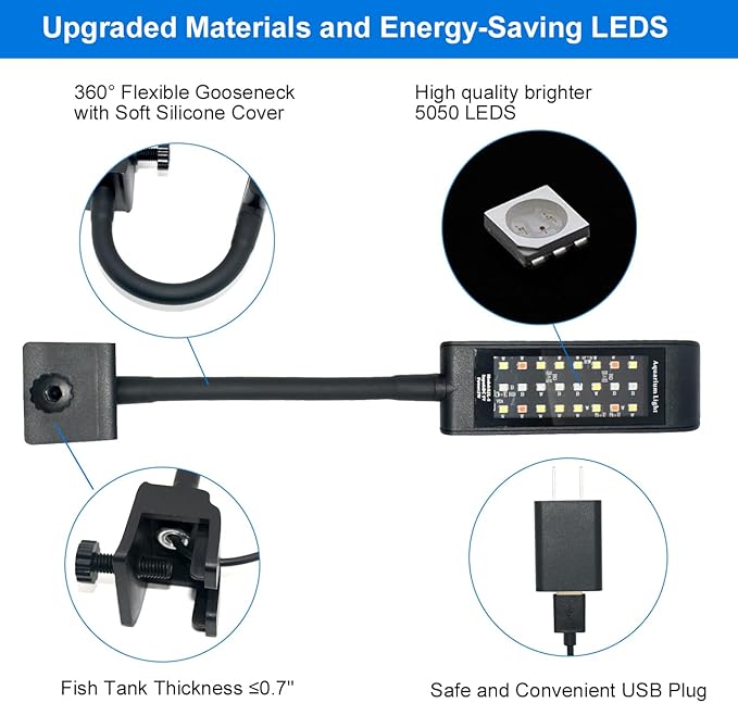 VARMHUS Fish Tank Clip on Light,Aquarium lED Light,Fish Tank RGB Clamp Plant Light with Timer Dimmer (4.8W)