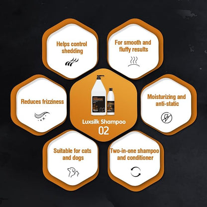 OPAWZ 02 LuxSilk Dog Shampoo, 2- in-1 Dog Shampoo and Conditioner, Reduces Shedding, Dematting, Deshedding, Removes Undercoat, for Long Haired, Silky Coat Dogs and Cats, 16.9 fl.oz/ 500ml