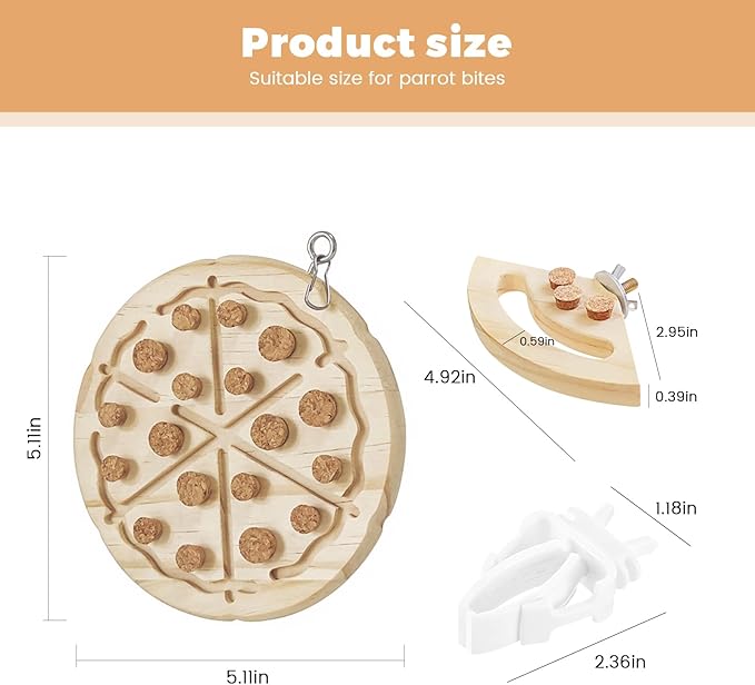 Bird Chew Toy – Wooden Foraging Puzzle Toy with Cork Stoppers, Hanging Bird Cage Toy for Parrots, Conures, Budgies, Cockatiels, Macaws, Finches, and Small to Medium Birds(Pizza)