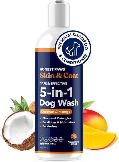 Honest Paws Dog Shampoo and Conditioner - Premium Dog Wash for Allergies and Dry, Itchy, Moisturizing for Sensitive Skin - Sulfate Free, Plant Based, All Natural - Coconut & Mango -16 Fl Oz
