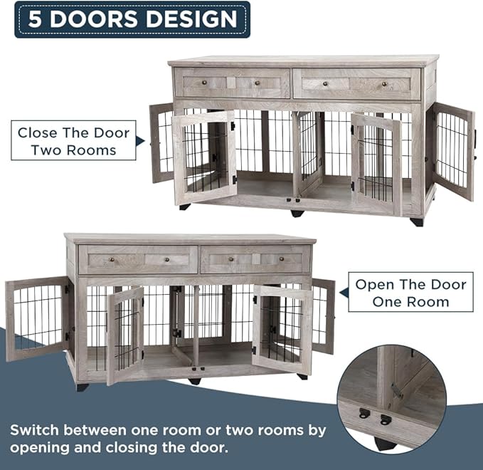2 Rooms Dog Crate Furniture with Openable Partition,58" Wooden Dog Crate Table with 2 Drawers,5-Doors Dog Furniture,Indoor Dog Kennel,Dog House,Dog Cage,TV Stand (Grey)