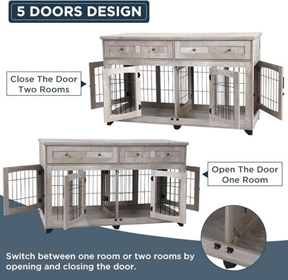 2 Rooms Dog Crate Furniture with Openable Partition,58" Wooden Dog Crate Table with 2 Drawers,5-Doors Dog Furniture,Indoor Dog Kennel,Dog House,Dog Cage,TV Stand (Grey)