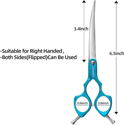 6.5" Curved Grooming Scissors for Dogs 440C Stainless Steel Professional Dog Grooming Scissors with Ultra-Light Aeronautical Aluminum Handle (Blue-Curved)