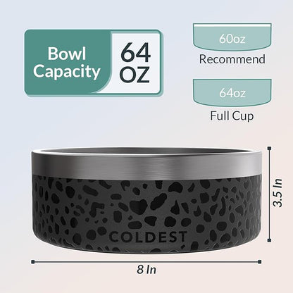 Coldest Dog Bowl - Anti Rust Metal, Non Slip, 3 Layers Insulated Stainless Steel Dog Bowls - Spill Proof & Heavy Duty - Water Bowl for Dogs, Cats & Pets, Dish Washer Safe (64 oz, Black Leopard)