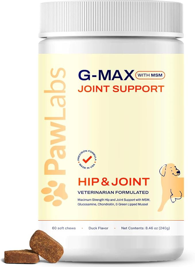 PAWLABS G-Max Joint Support for Dogs - Maximum Strength Hip & Joint Supplement with Glucosamine, Chondroitin, MSM, Green-Lipped Mussel - Relieves Arthritis Pain & Hip Dysplasia - Duck Flavor, 60 Chews