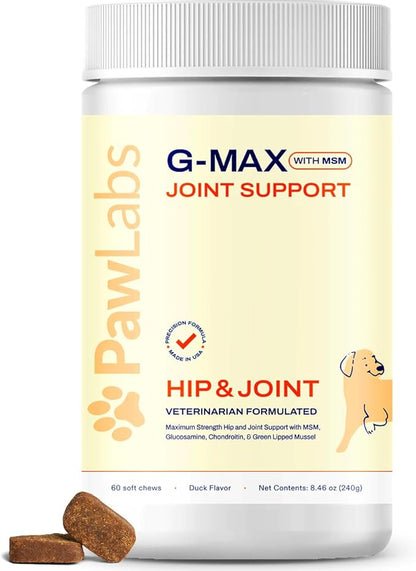 PAWLABS G-Max Joint Support for Dogs - Maximum Strength Hip & Joint Supplement with Glucosamine, Chondroitin, MSM, Green-Lipped Mussel - Relieves Arthritis Pain & Hip Dysplasia - Duck Flavor, 60 Chews